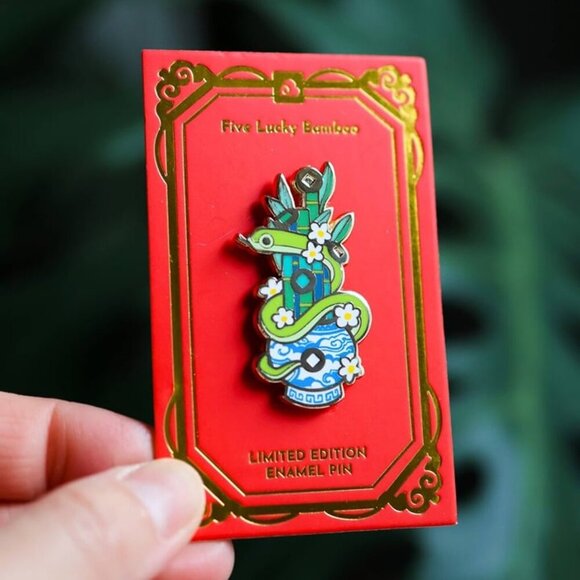 Limited Edition Snake Enamel Pin - Five Lucky Bamboo - Year of the Snake Brooch - Picture 6 of 9